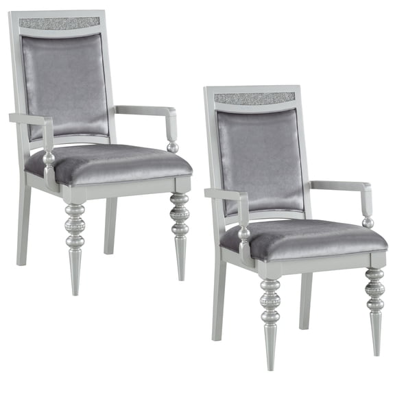 Set of 2 Maverick Fabric & Platinum Finish Arm Chair, Mid Century Modern Kitchen Chairs, Upholstered Accent Chairs, Wooden Desk Chairs for Kitchen Dining Room (Silver)