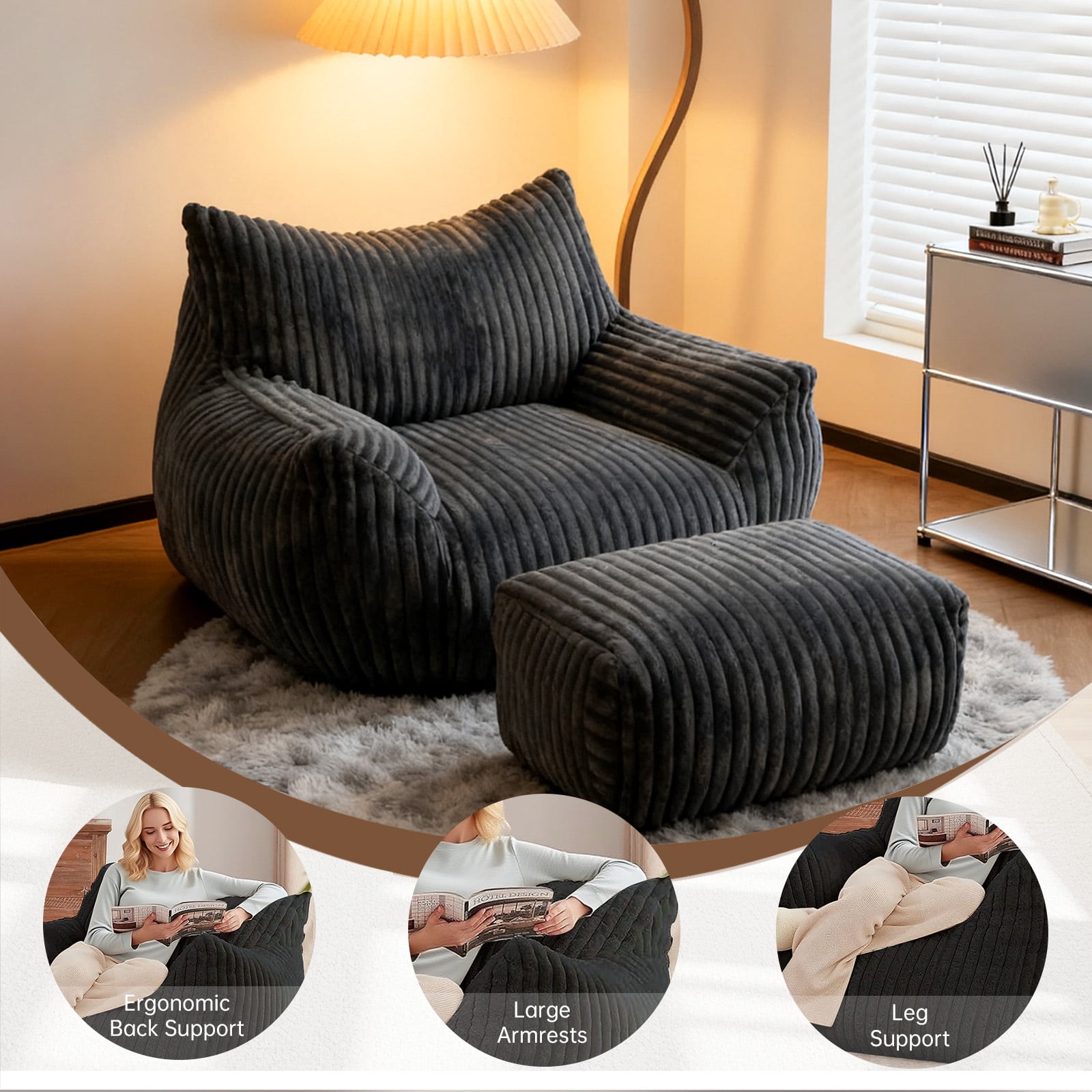 Bean Bag Chairs for Adults Teens with footrest, Cozy Fluffy Single Mini Couch,Large Bean Bag Sofa Chairs with Filling Comfy with Armrests for Reading,Living Room, Bedroom. (Black, with footrest)