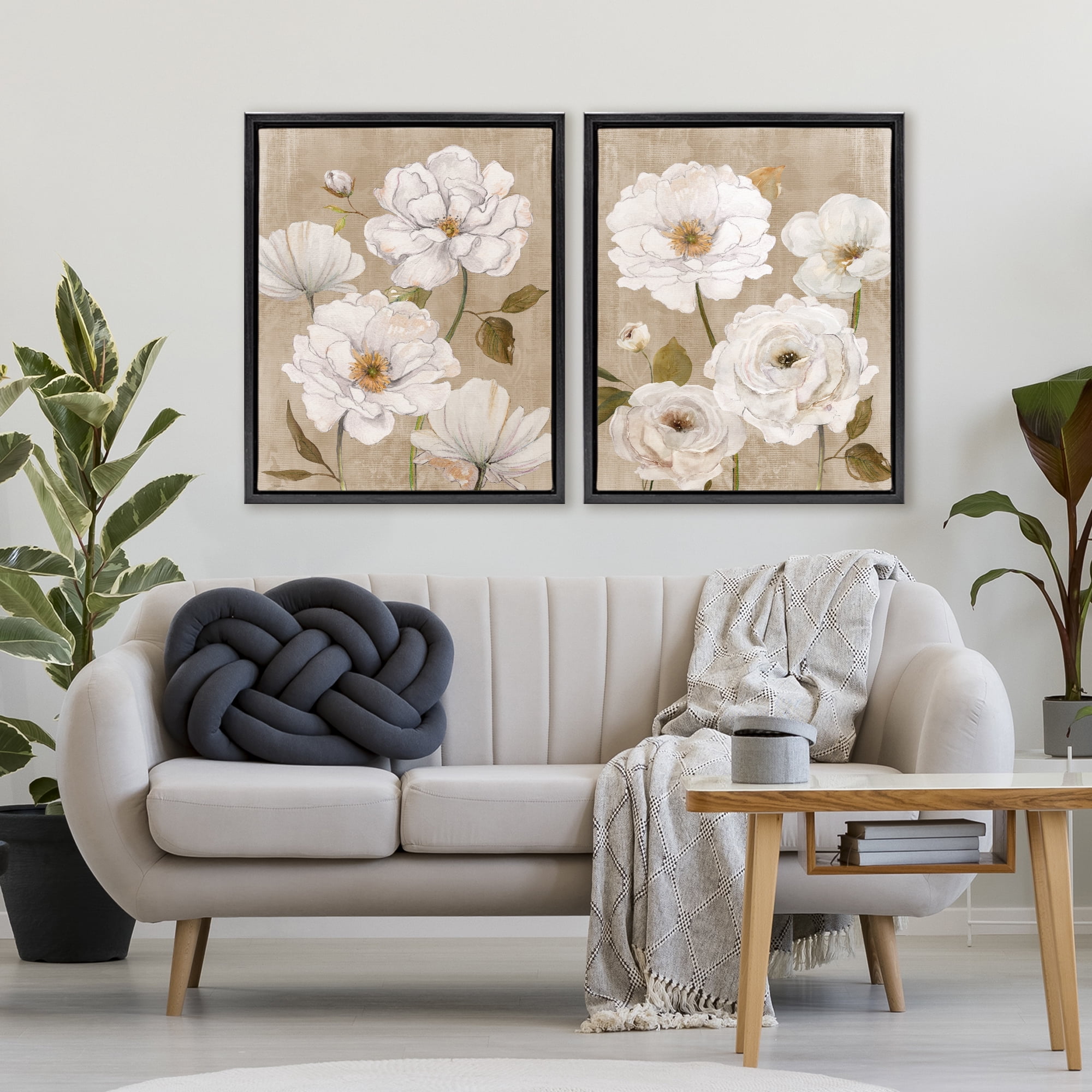 Stupell Industries White Blooms over Neutral 2 Piece Black Framed Floater Canvas Set, design by Carol Robinson