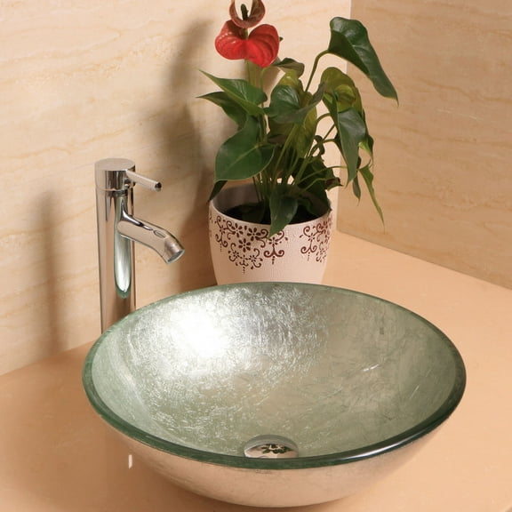 Wonline Round Sliver Foil-tempered Glass Bathroom Vessel Sink Without Overflow, Equipped with Chrome Faucet Pop-up Drain Combo