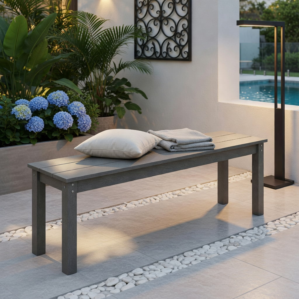 Hommoo 55" HDPE Outdoor Patio Bench for 2-3 People, Weatherproof, Backless Garden Bench, Gray