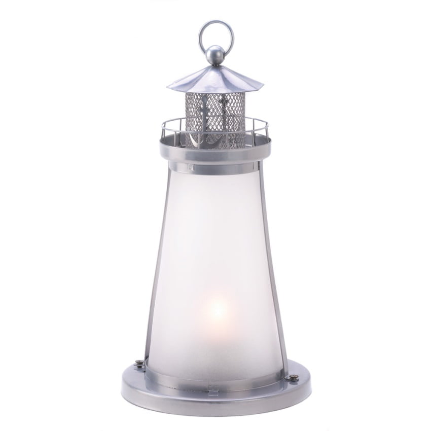 Frosted Lookout Lighthouse Candle Lamp Silver White Lantern Patio House Decor 