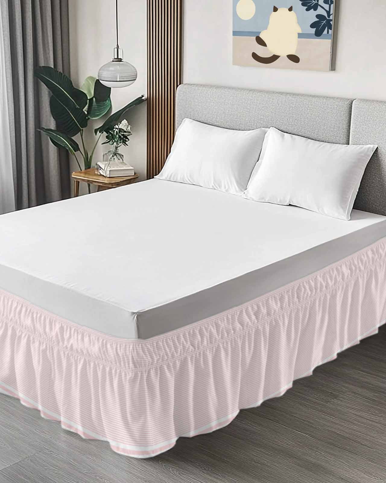 Farmhouse Pink White Striped Bed Skirt King Size, Modern Stripes Wrap Around Bed Skirting with Adjustable Elastic Strap, Dust Ruffle Pleated Bedskirts 16 Inch Drop for Bedroom King Beds