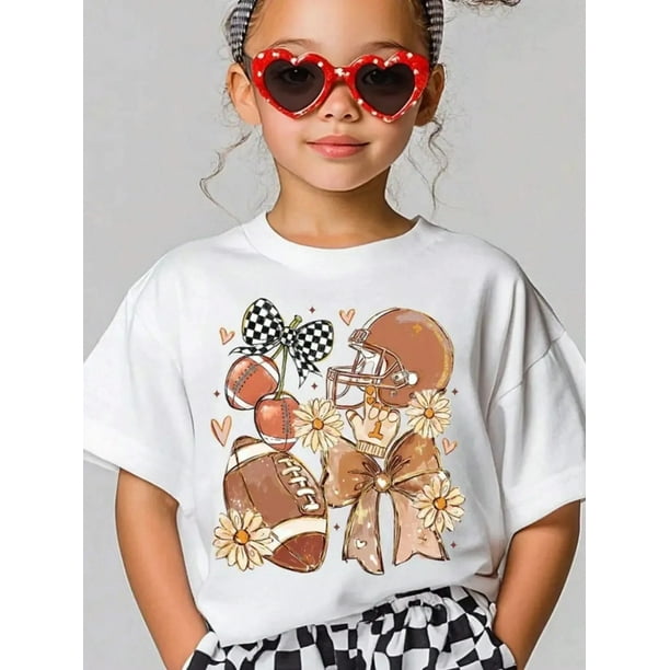 Girls & Kids Football Shirt - Cute american Soccer Tee With Brown Helmet, Floral accents - Soft Knit Top For Birthday Parties, Game Day outfits - Machine Washable Little Girls Sports apparel, Sports