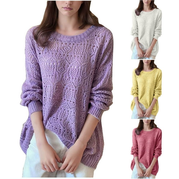 ATOYSOY Women's Casual Shirts Hollow Out Loose Tops Knitted Sweaters Pullover Workout Long Sleeve Tees Fall Winter Crew Neck Sweatshirts Outwear Fashion Purple L