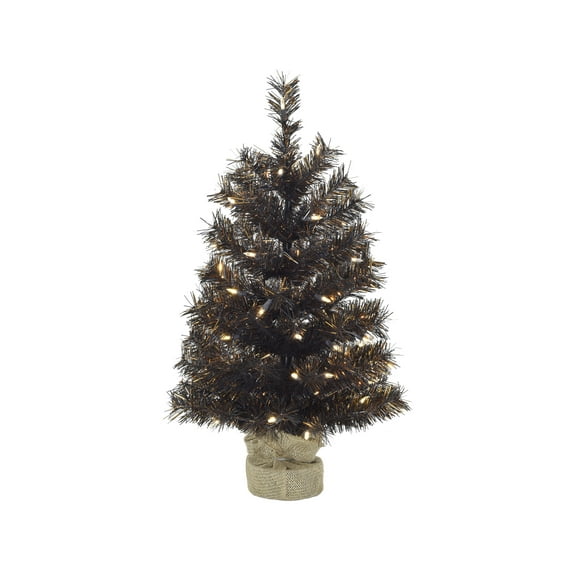 Perfect Holiday 2 Ft Tabletop Matte Black Gold Tinsel Halloween Christmas Tree, 85 Tips, UL 50 LED, Burlap Base, Dia 14"