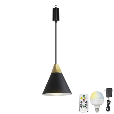 

FSLiving Rechargeable Battery Operated Pendant Light with Sleeve&Round Hook RGB Mode Adjustable Wire Length Hanging Light Macaron Black Metal Shade Dimmable Lamp for Courtyard Nightstand - 1 Light