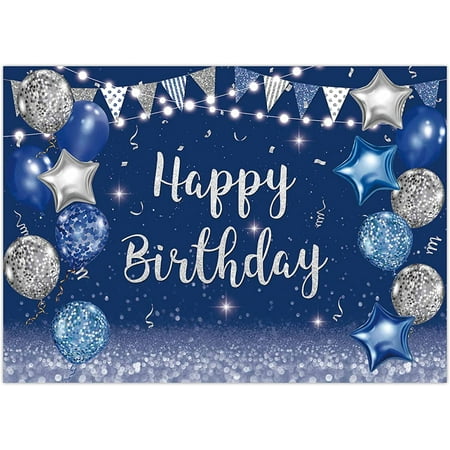Image of 7x5ft Navy Blue Happy Birthday Party Backdrop Silver Glitter Balloons Background Boy Men Women Bday Event