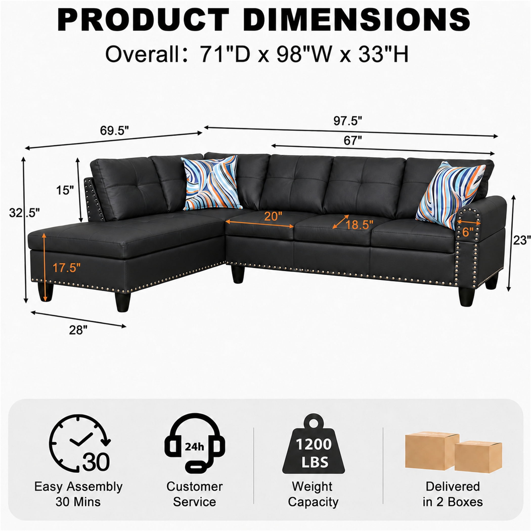 Aukfa 98" L Shaped Sectional Couch with Cup Holder Console, Tufted Back&Nailhead Trim, Oversized Left Chaise Leather Sofa for Living Room, Black