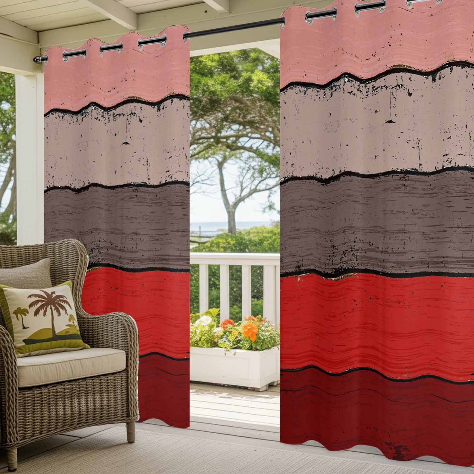 Outdoor Curtains for Patio Waterproof, Red Grey Windproof Pravicy Outside Porch Blackout Curtain, Vintage Stripe Farmhouse Wood Grain Ombre Sun Blocking Grommets Curtains for Cabana Gazebo 54"x108"