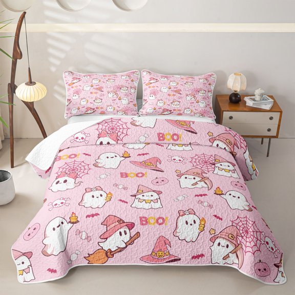 Homewish Kawaii Coquette Ghost Quilt Full for Girls, Witch Hat Spider Web Candy Boo Full Bedspread Sets, 3-Piece