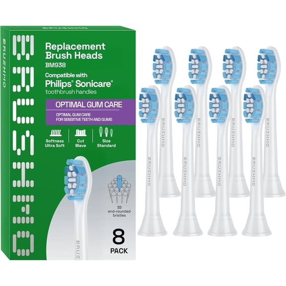 Brushmo Optimal Gum Care Replacement Toothbrush Heads Compatible with Philips Sonicare Click-On Handles, Ultra-Soft DuPont Bristles, BM938, 8-Pack, White