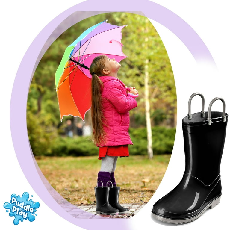 Puddle Play Toddler and Kids PVC Rain Boots with Easy On Handles Boys and Girls Black Grey Size 6 Toddler