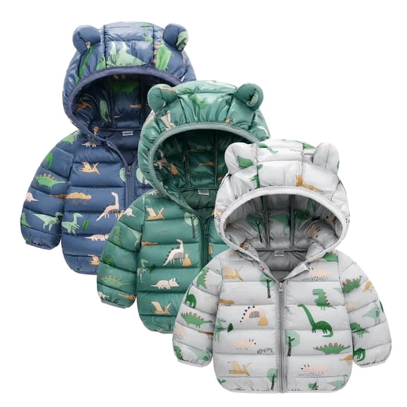 Toddler Boys Dino Print Puffer Jacket Hooded Bear Ears Zip Up Winter Warm Coat 18-24 Months Outerwear Streetwear