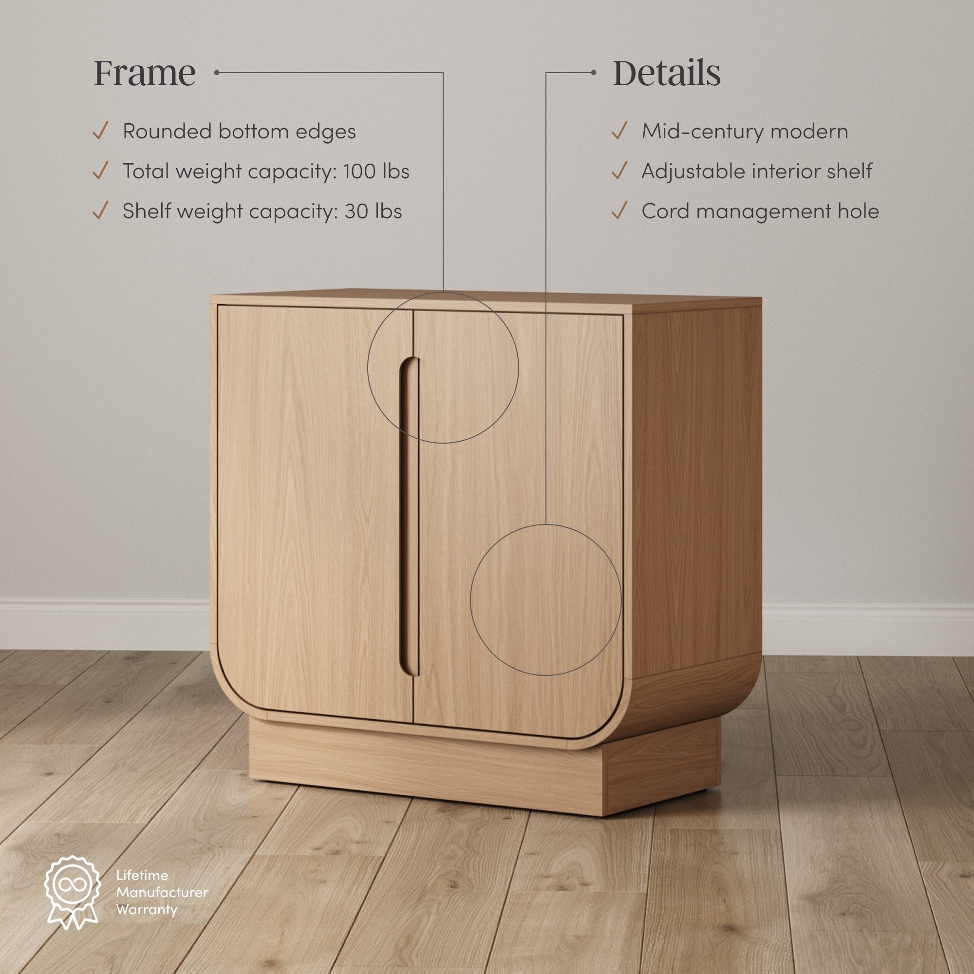 Nathan James Joey Mid Century Modern Storage Cabinet, Arched Accent Cabinet with Rounded Bottom Edges and Integrated Door Pull Cutouts, Raw Oak
