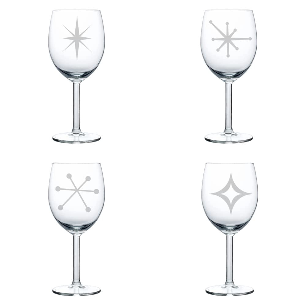 Set of 4 Wine Glass Goblet Retro Starbursts Mid Century Modern Art Deco