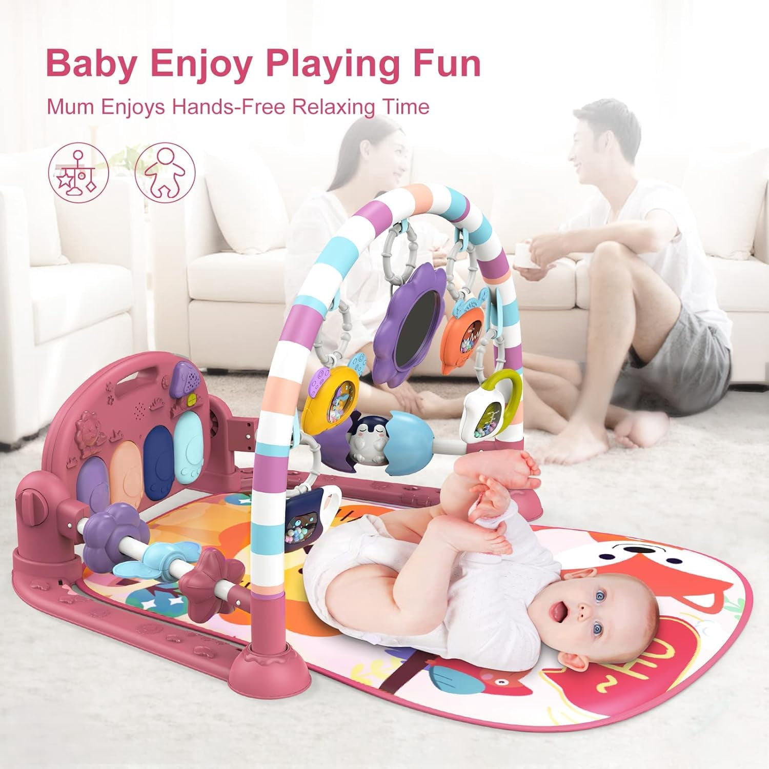 Baby Play Mat Baby Gym,Funny Play Piano Tummy Time Baby Activity Mat with 5 Infant Sensory Baby Toys & 4 Wrist Rattle Socks, Boy & Girl Gifts for Newborn Baby 0 to 3 6 9 12 Months(Pink)