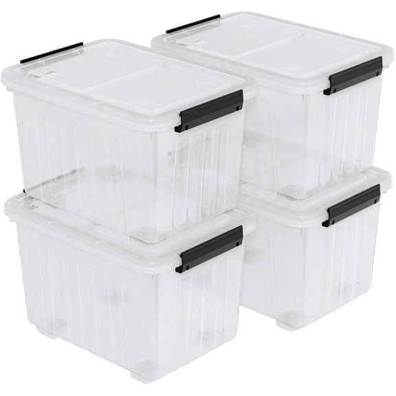 50 Quart Large Plastic Latching Box with Lid, Clear Storage Bin with Wheels, Stackable, 4 Packs