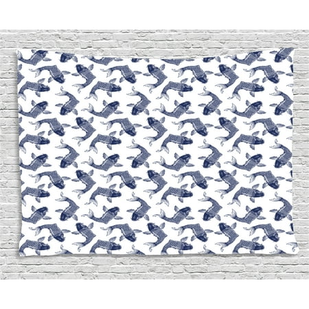Koi Fish Tapestry, Carp Koi Sketch Drawing with Detailed Fish Scales
