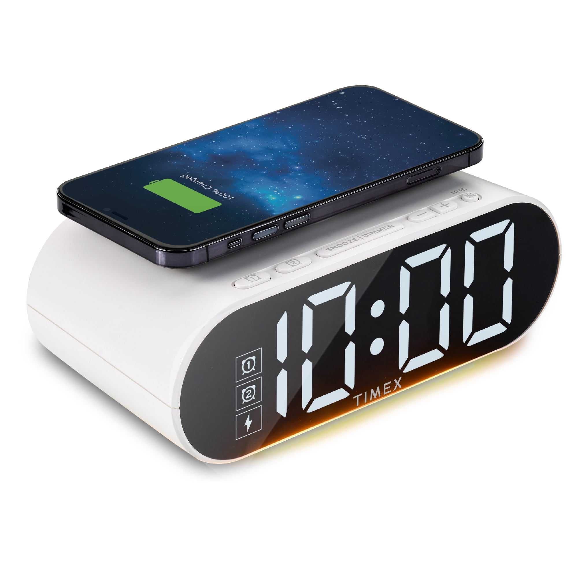 Timex Alarm Clock with 15 W Fast Wireless Charger, Night Light, Dual Alarms and Large Display