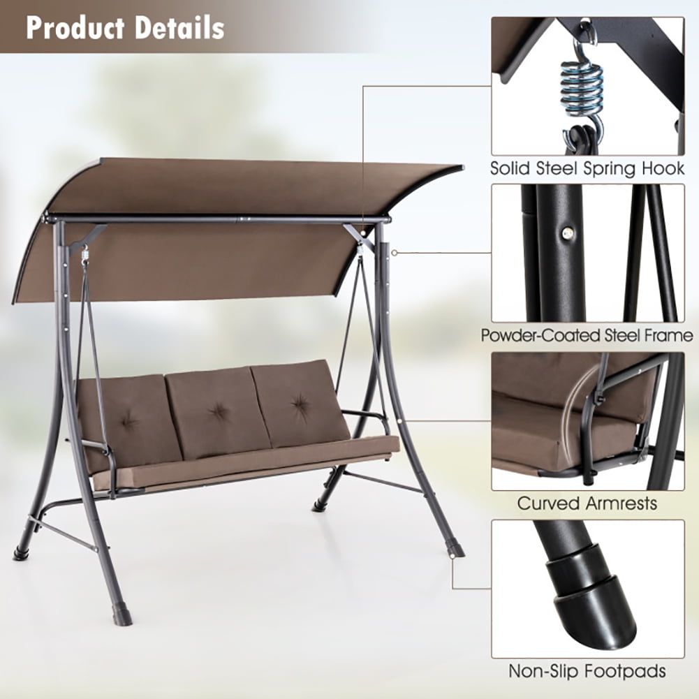 Aimee Lii 3-Seat Outdoor Porch Swing with Adjustable Canopy and Padded Cushions, Swing Chair Outdoor, Brown Aimee Lii 3-Seat Outdoor Porch Swing with Adjustable Canopy and Padded Cushions, Swing Chair Outdoor, Brown