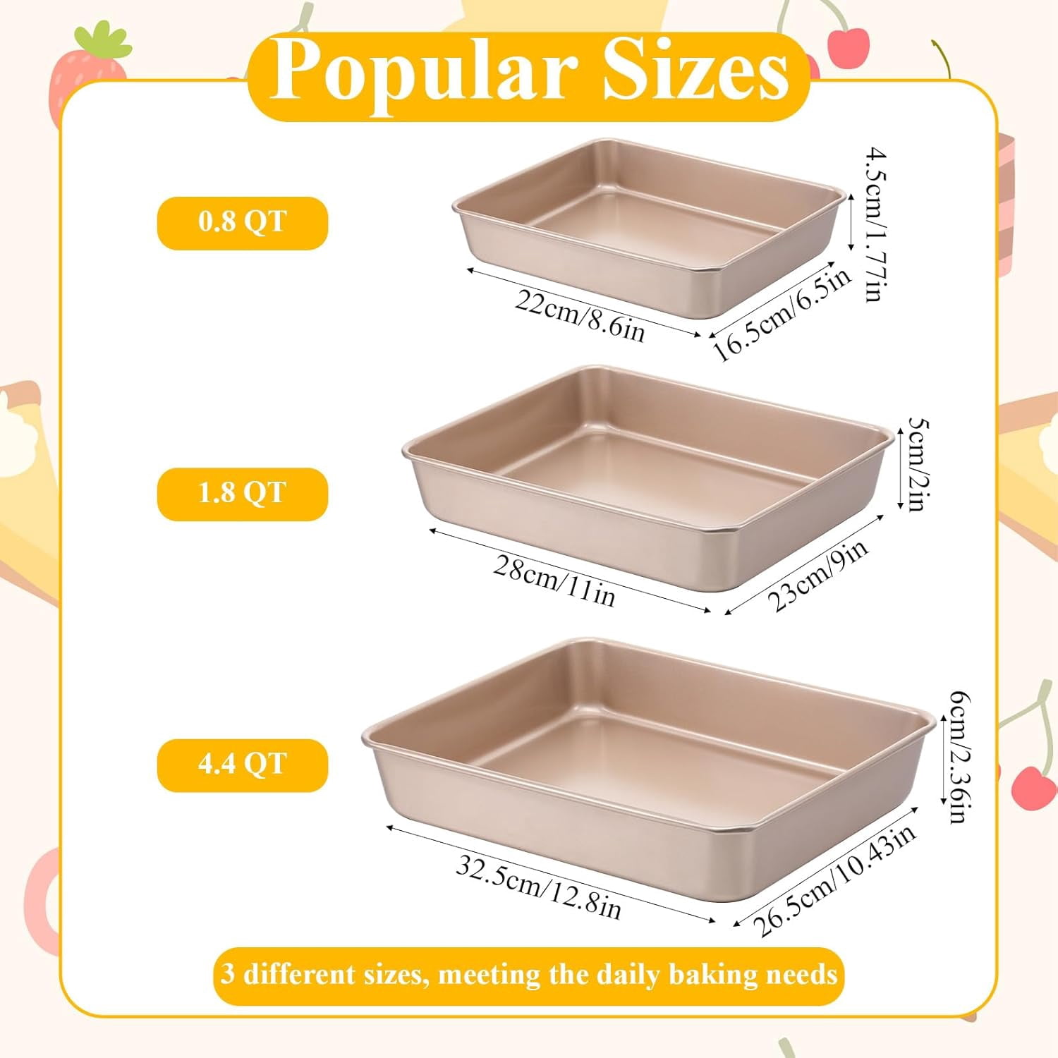 3 Pack Baking Pan Set 9/11/13 Inch Nonstick Rectangle Cake Pan Stackable Bakeware Bread Pans Cookie Sheets Oven Trays for Baking Lasagna Deep-Dish Pizza Brownies Casseroles, Gold