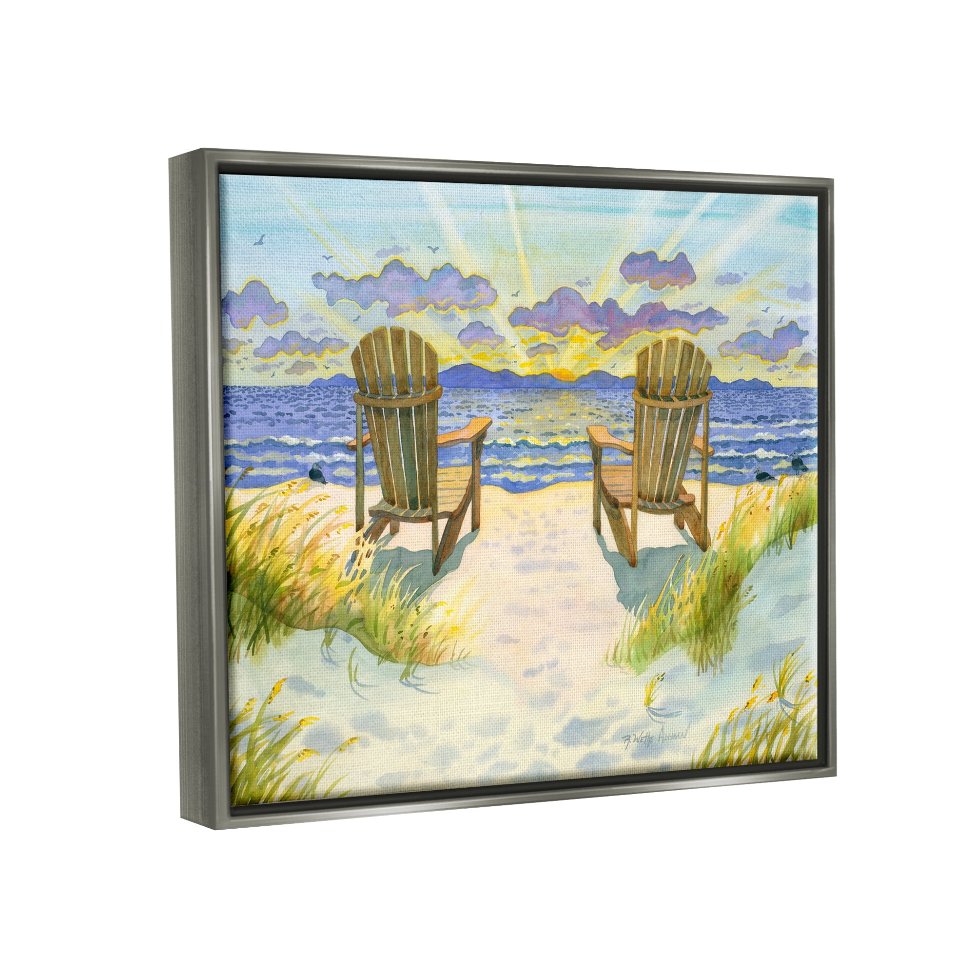 Stupell Industries Nautical Beach Chairs View Nature Painting Gray Floater Framed Art Print Wall Art, 31 x 25