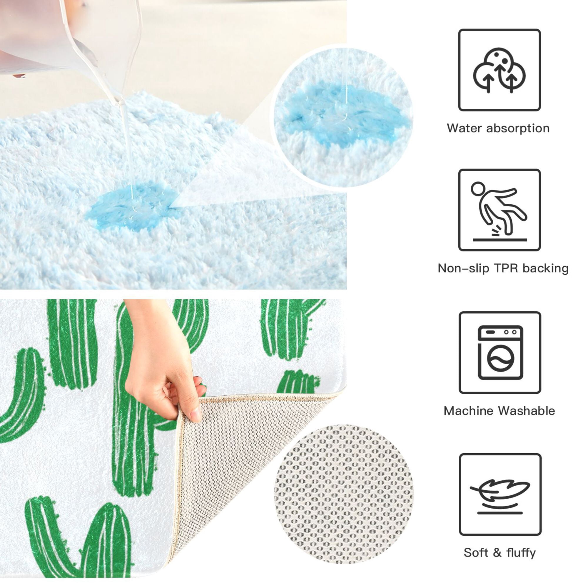 Yayeee Bath Rugs for Bathroom Floor Non Slip Non Skid Set of 2 Soft Absorbent Green Cactus Pattern Machine Washable Mat