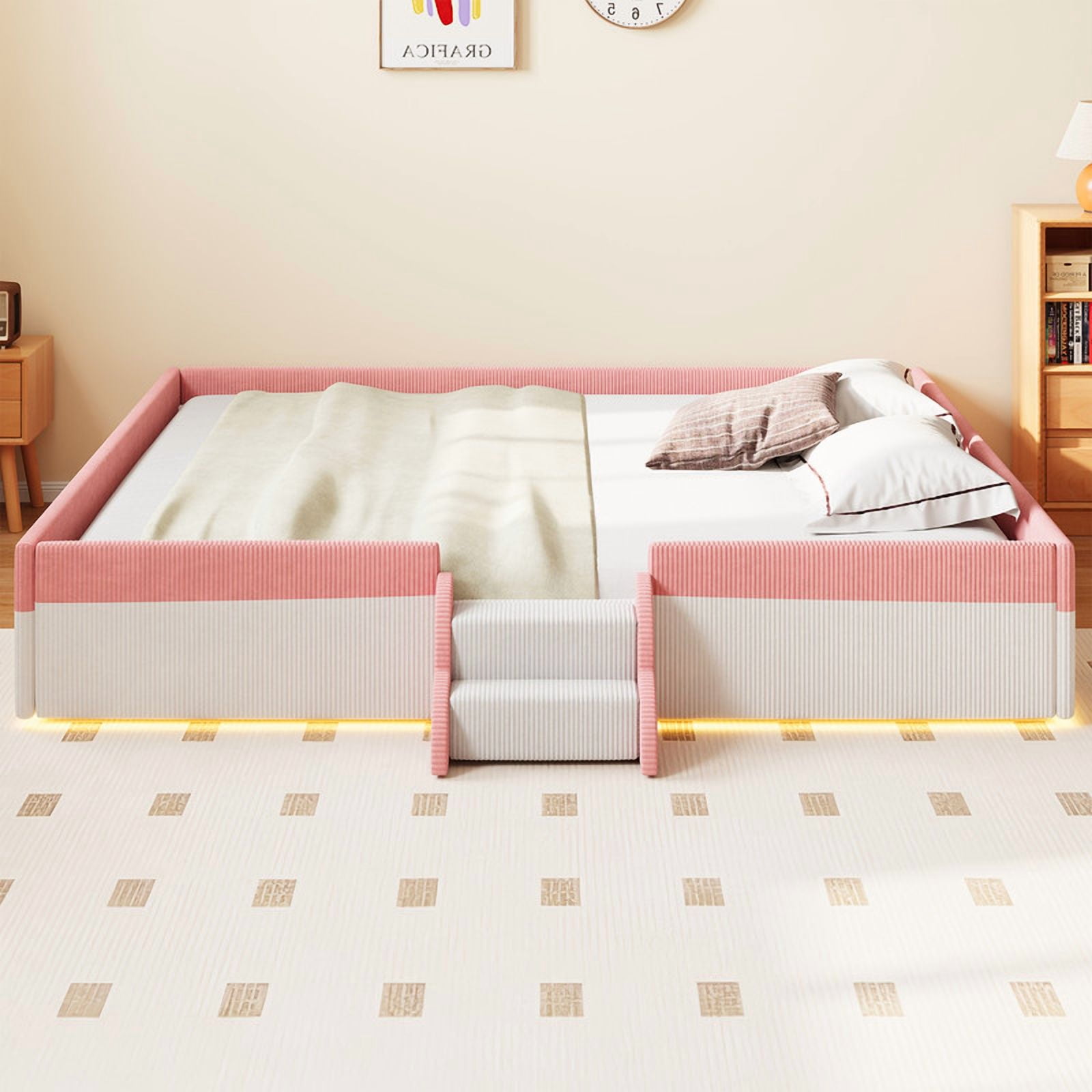 King Size Upholstered Floor Bed with Fence, 2-Tier Steps and Smart LED Lights, Corduroy Platform Bed Frame with Guardrails, Low Profile Montessori Bed for Boys Girls