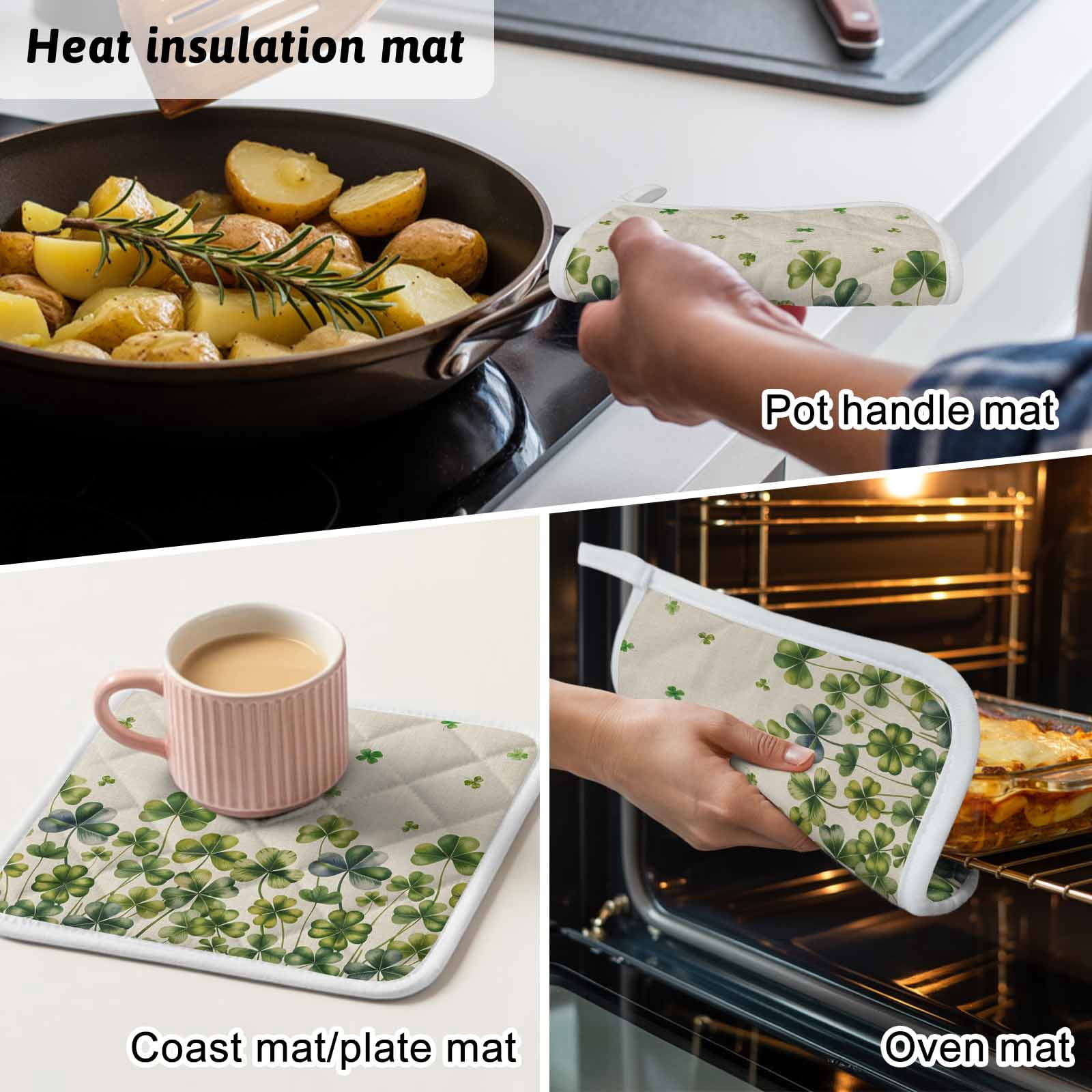 St. Patrick's Day Pot Holders for Kitchen Heatproof Potholder, 3 Pack Spring Green Shamrock Botanical Beige Hot Pads Multipurpose Oven Pads Cloth Potholders Trivet for Cooking Baking