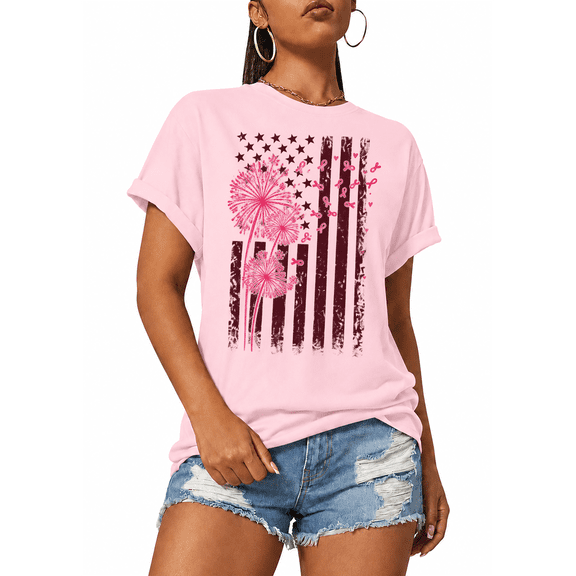 Godmerch Women's 100% Cotton Patriotic American Flag Breast Cancer Pink Ribbon Floral T-Shirt