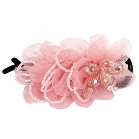 - Plastic Teeth Rhinestone Bead Flower Decor Hair Clip Barrette for Lady Pink