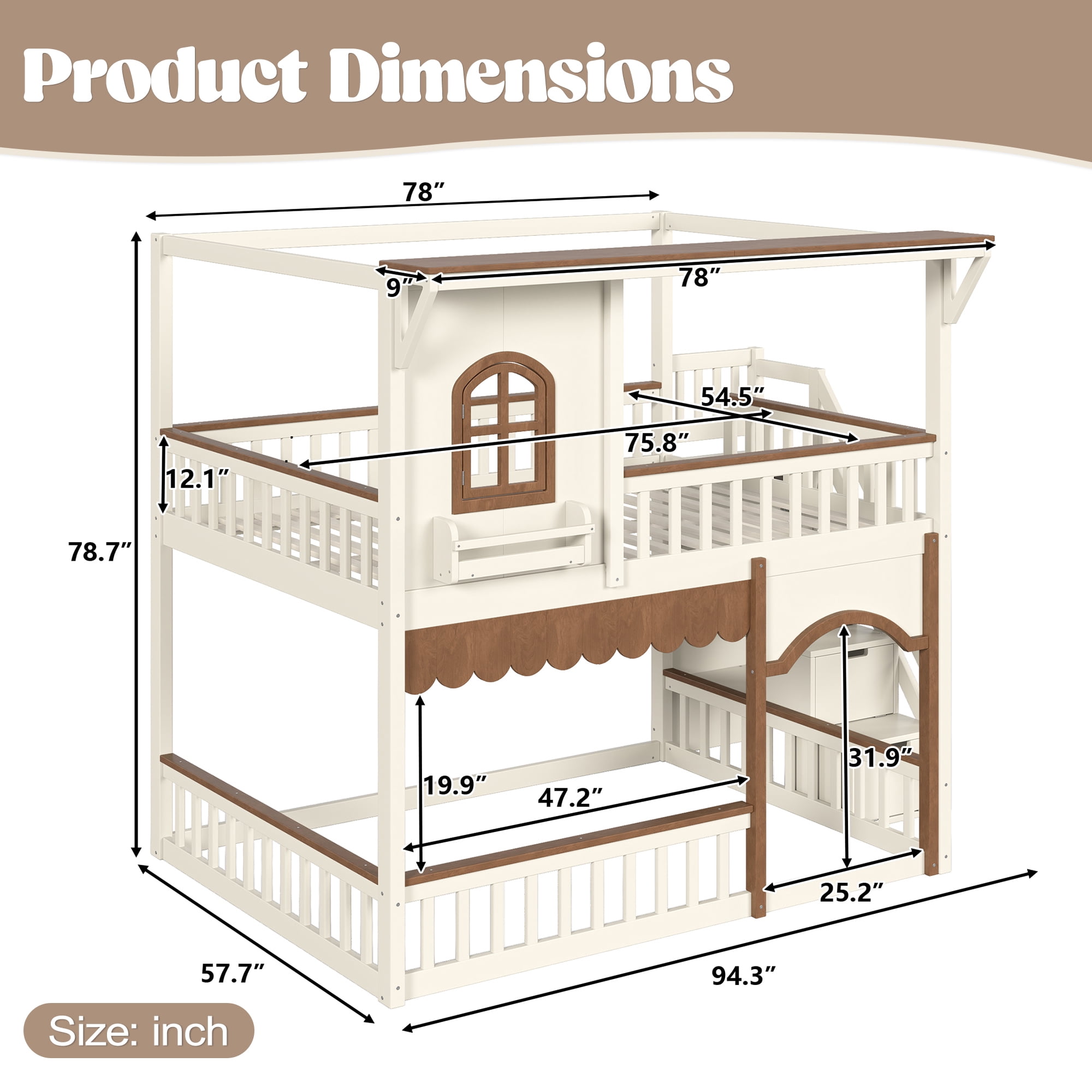 HOQBN Full over Full House Bunk Bed with Storage Stairs, House Bunk Bed with Window & Side Bookshelf, Solid Wood Bed Frame with Play Designed, Convertible Lower Space for Sleep or Play, Beige+Natural