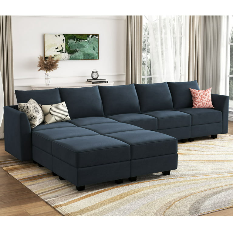 Honbay Elegant Velvet Sectional Sofa Modular Couch Sleeper Bed With Storage Ottomans Navy Blue Com