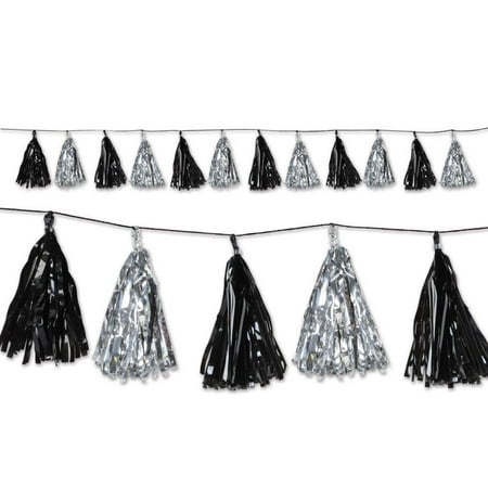Club Pack of 12 Decorative Holiday Black and Silver Metallic Tassel Garland