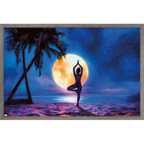 PD Moreno - Fine Art - Yoga Moonlight Beach Wall Poster, 22.375" x 34" Framed