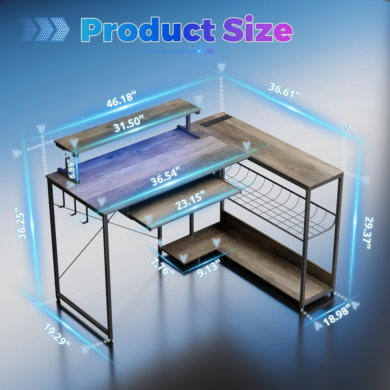 FANRAL L Shaped Computer Gaming Desk with Monitor Stand,LED Light & USB Power Outlet,Reversible Shelves Corner Desk with Keyboard Tray for Home Office Study,Gray Computer Desk