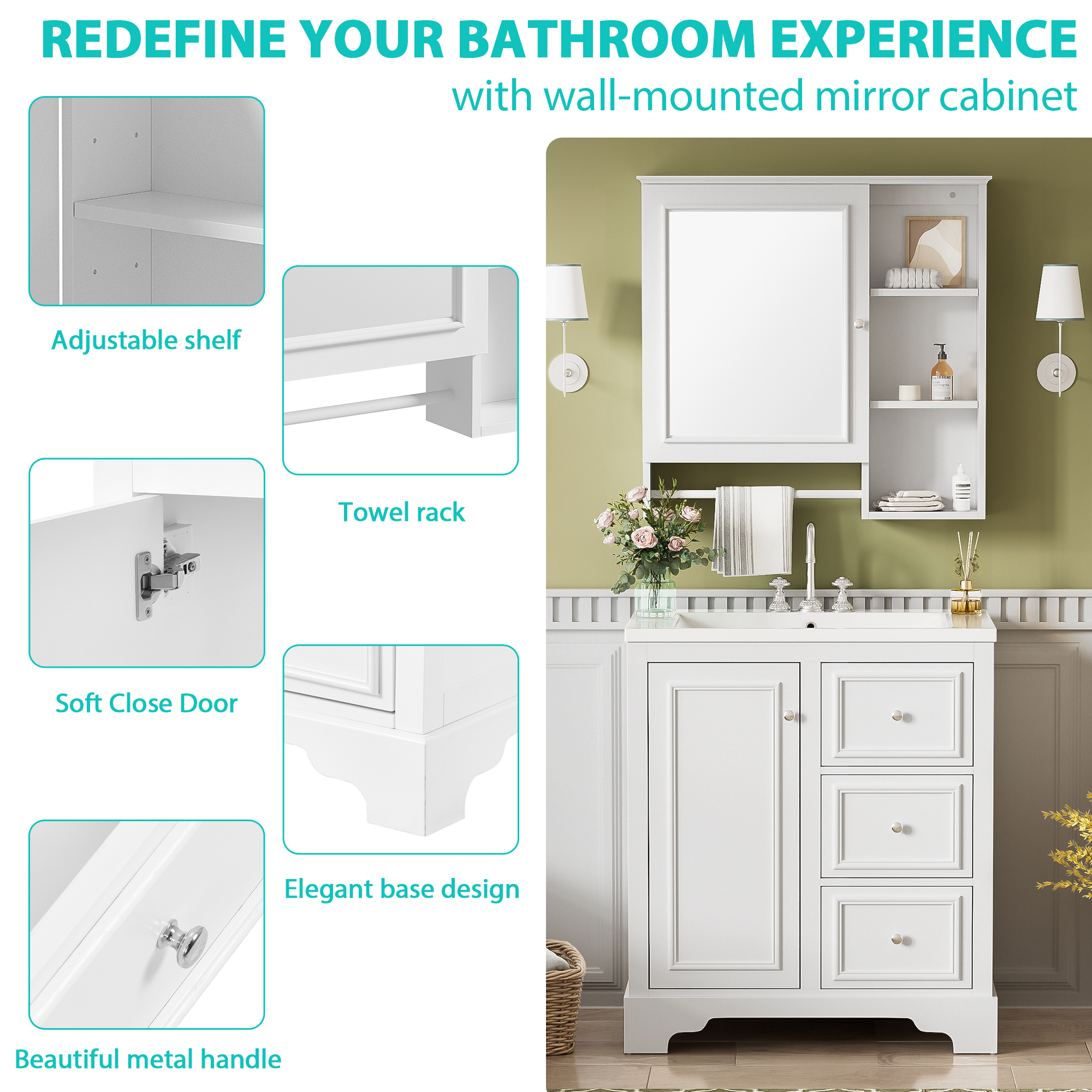 EUROCO 30" Bathroom Vanity with Resin Sink and Mirror Cabinet,Modern Bathroom Sink Cabinet with Adjustable Storage Shelves,Towels Bar and 3 Drawers,Solid Wood Frame Bathroom Vanities