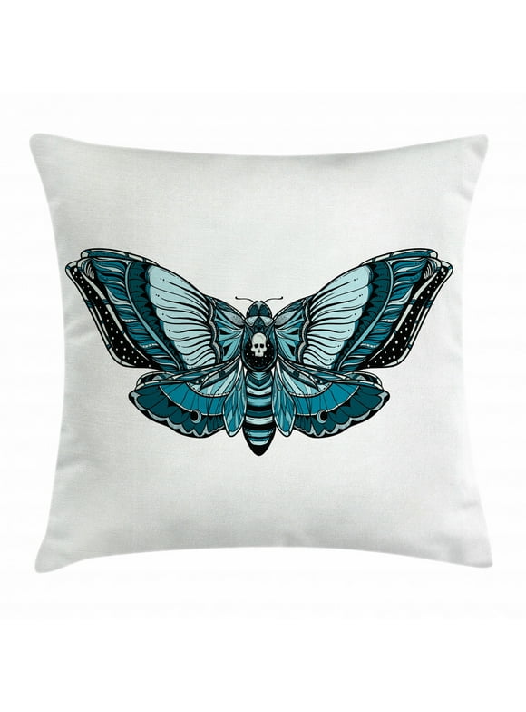 Death Moth Throw Pillow Cushion Cover, Skull on Butterfly Body Hipster Bush Myth of Universe in Mother Nature, Decorative Square Accent Pillow Case, 16 X 16 Inches, Pale Blue and Petrol, by Ambesonne