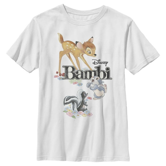 Boy's Bambi Movie Logo With Flower and Thumper Graphic Tee White Large