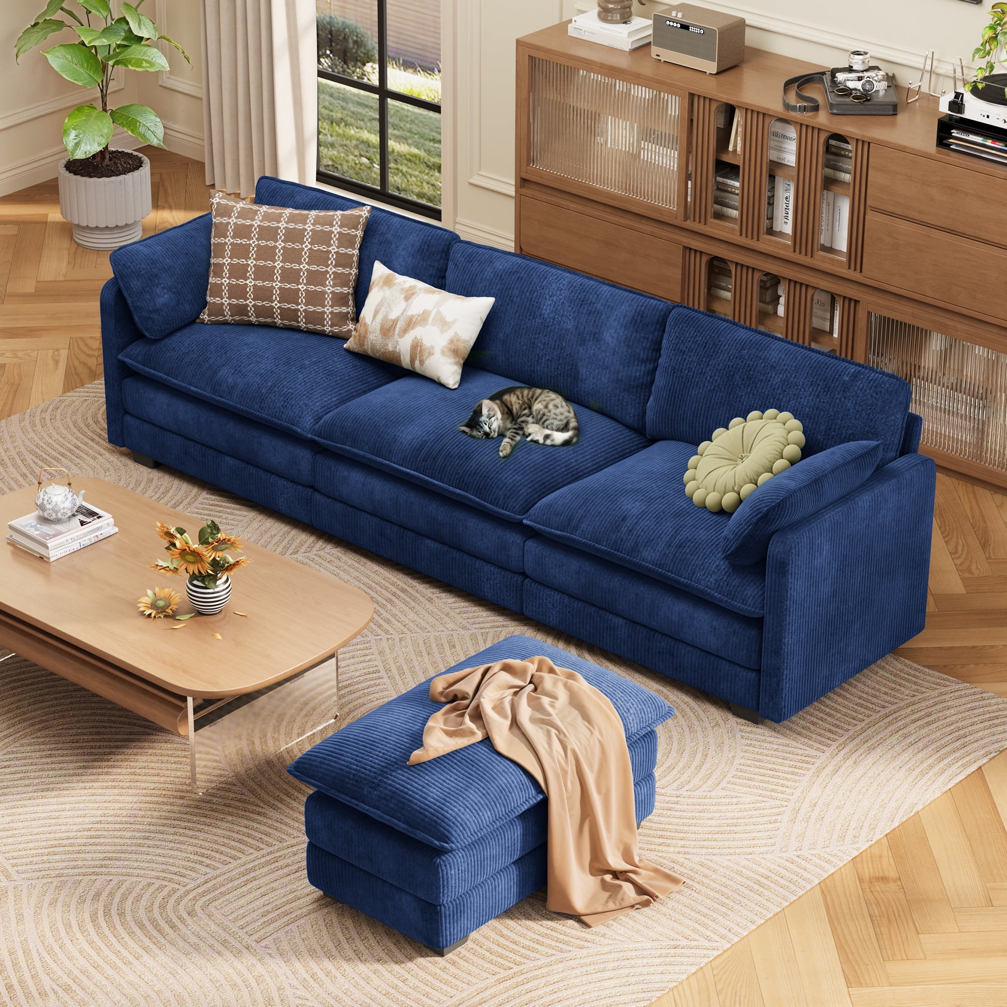110" Sectional Sofa With Washable Cover, Comfy 3 Seater L-Shaped Corduroy Fabric Couch with Reversible Ottoman & Deep Seat for Apartment,Blue