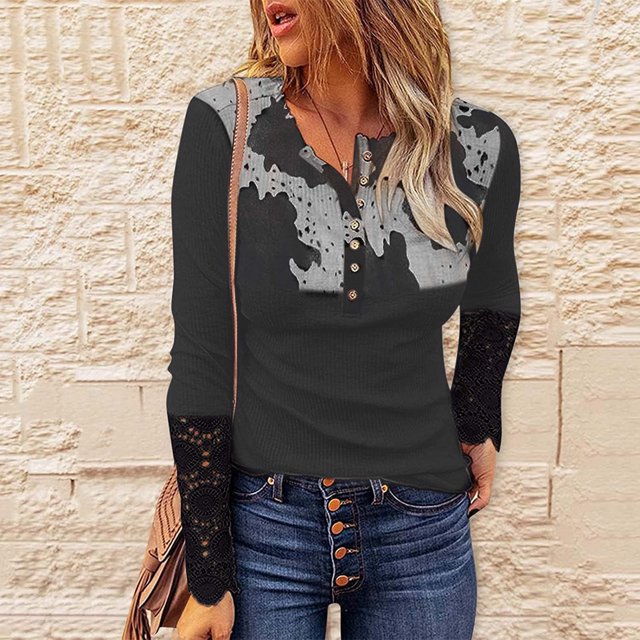 ICHUANYI Liquidación Mujeres Casual Impresión Botones Manga Larga Encaje Patchwork Slim Blusa Camiseta Tops ICHUANYI WER202308245524