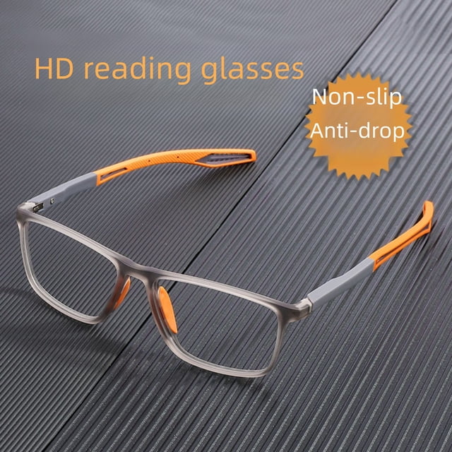 gafas de lectura anti-blue ray de alta definición ENTASSER, montura gris translúcida con brazos deportivos gris y naranja, ultraligeras y antideslizantes con almohadillas nasales visibles; lentes HD aptas para visión cercana y uso dual, sobre superficie texturizada oscura.