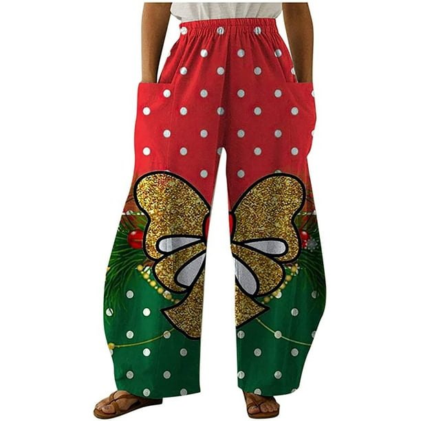 Pantalones sueltos casuales vintage con estampado navideño para mujer Pantalones de pierna ancha casuales Pantalones Fridja hfkajh100493