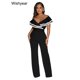 thumbnail image 3 of Wishyear Elegante mono largo de una pieza con volantes y ribete blanco y negro para mujer, pantalones anchos, monos de cumpleaños para mujer, 3 of 5