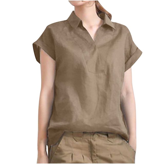 Womens Summer Collared Short Sleeve Shirt Tops Simple Comfy Solid Tunic Tees Casual Loose Basic Tshirts Blouses