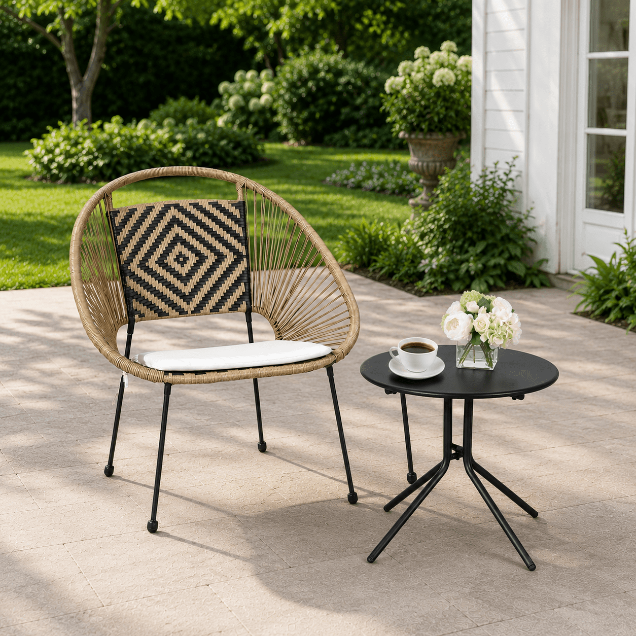 Gesura 2-Piece Patio Bistro Set PE Rattan Chairs with Glass Coffee Table & Cushions All-Weather for Balcony Poolside Garden Small Spaces Light Rattan