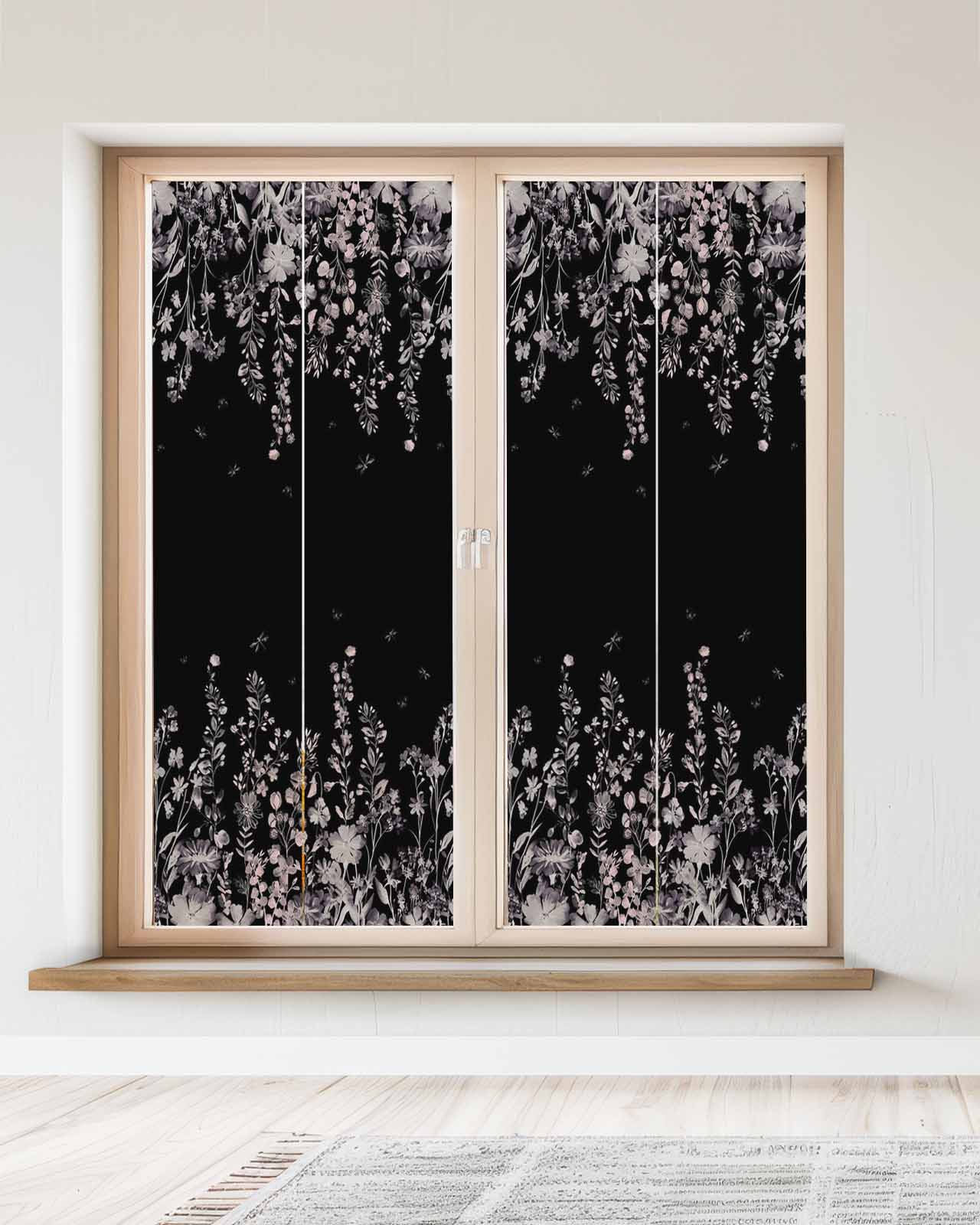 Window Privacy Film Black Botanical Stained Glass Window Film Decorative Sun Block Window Cover Dragonfly Flower Leaf Retro Style Window Clings Static Adhesive Sticker for Bathroom 23.6"x59"