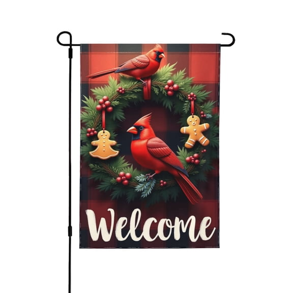 Welcome Cardinal Christmas Garden Flag 12x18 Inch Double Sided – Festive Winter Holiday Wreath & Gingerbread Man Yard Decoration