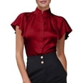 thumbnail image 2 of Uootdi Work Tops for Women Stand Collar Flutter Short Sleeve Button Front Plain Satin Womens Shirts Straight Fit Business Casual Silky Summer Blouses for Women, 2 of 5